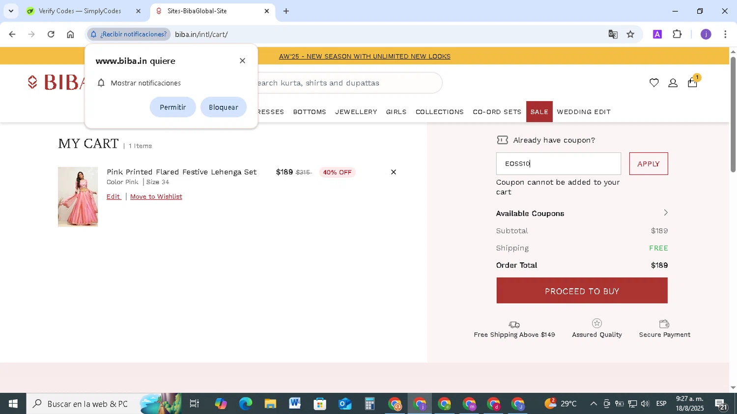 Biba coupon code screenshot showing code EOSS10 applied at Biba checkout page. Uploaded by SimplyCodes community member TAZ2024 on Aug 18, 2025