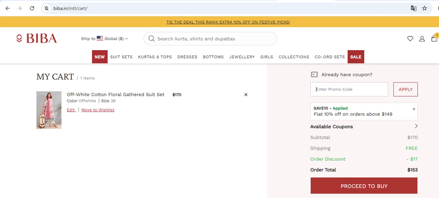 Biba coupon code screenshot showing code save10 applied at Biba checkout page. Uploaded by SimplyCodes community member carol_lameda on Aug 4, 2025