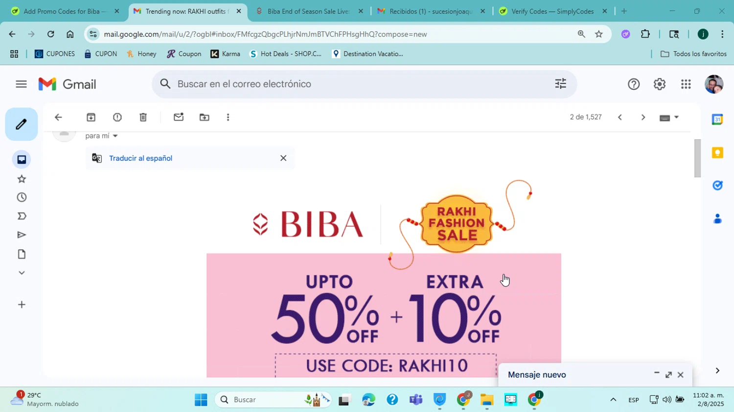 Biba coupon code screenshot showing code RAKHI10 applied at Biba checkout page. Uploaded by SimplyCodes community member jorgejavierherrera on Aug 2, 2025