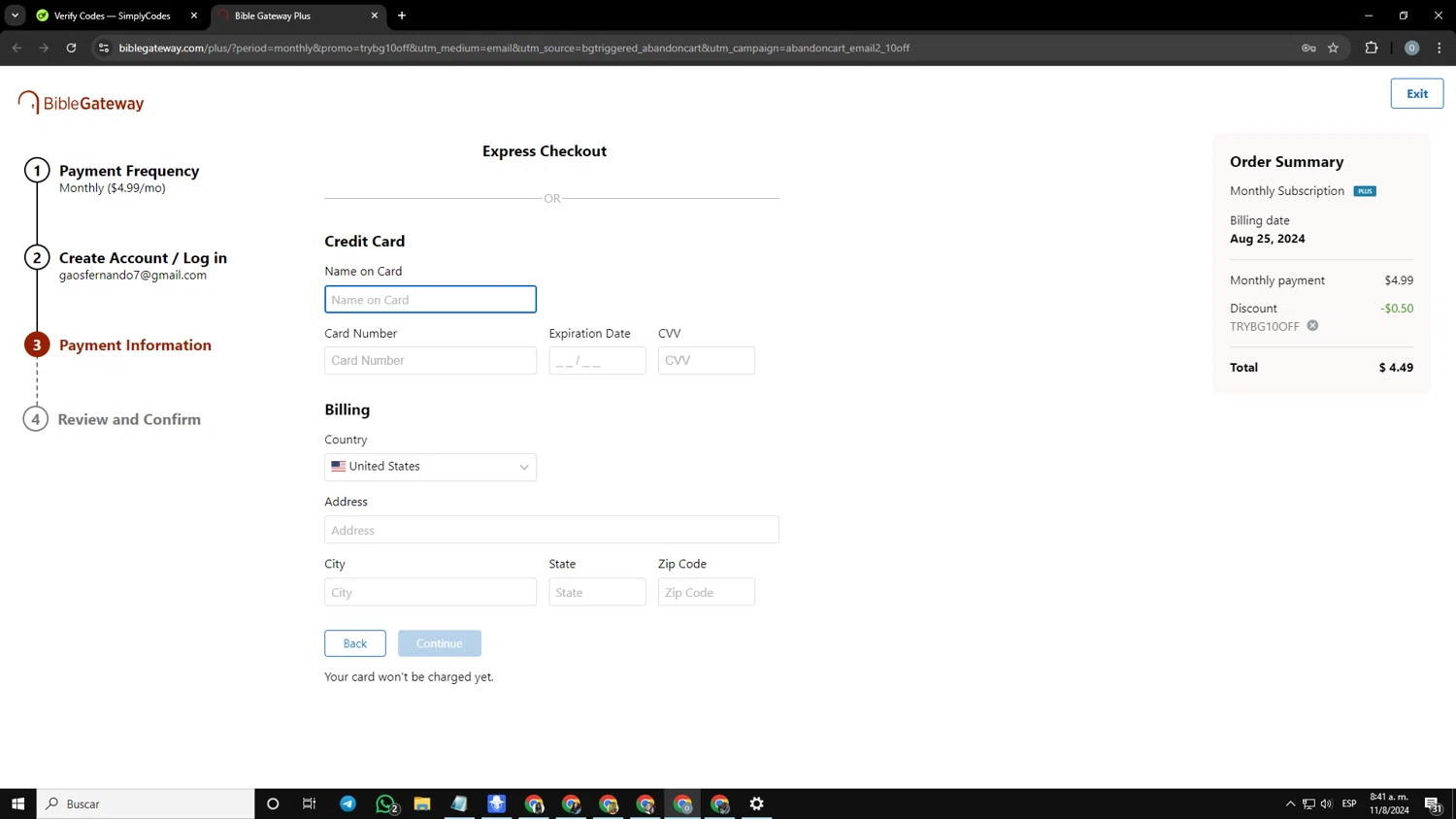where to use BibleGateway promo code box