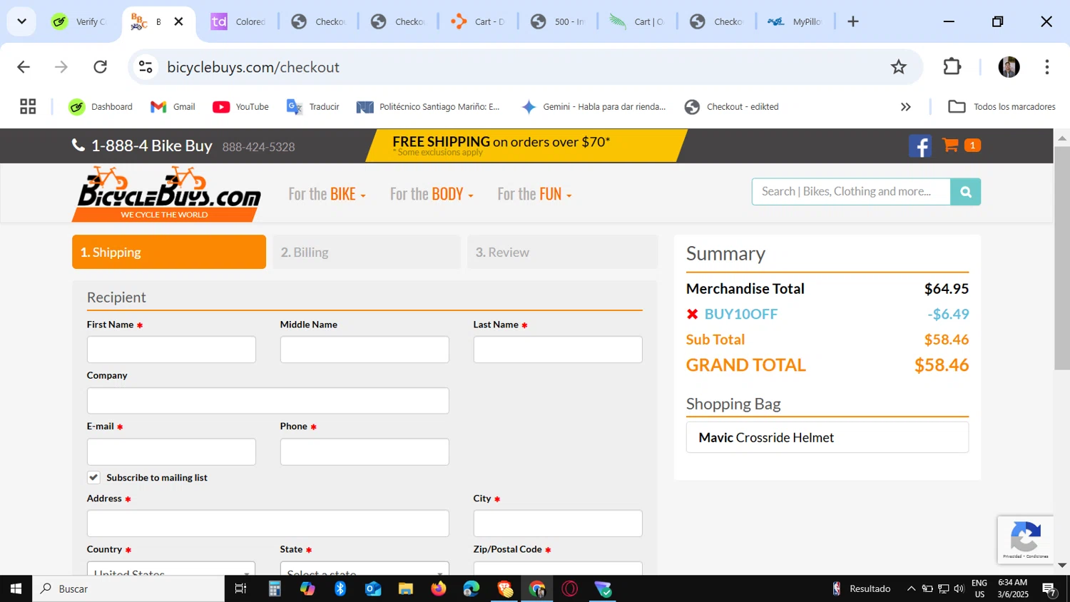 BicycleBuys.com promo code screenshot showing code BUY10OFF applied at BicycleBuys.com checkout page. Uploaded by SimplyCodes community member KataldoMustafack on Mar 6, 2025