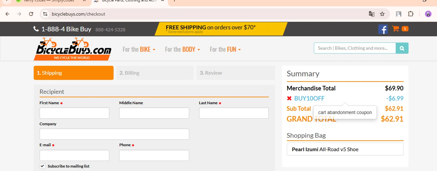 BicycleBuys.com checkout page showing BicycleBuys.com promo code box | Screenshot taken by SimplyCodes community member on Oct 27, 2024
