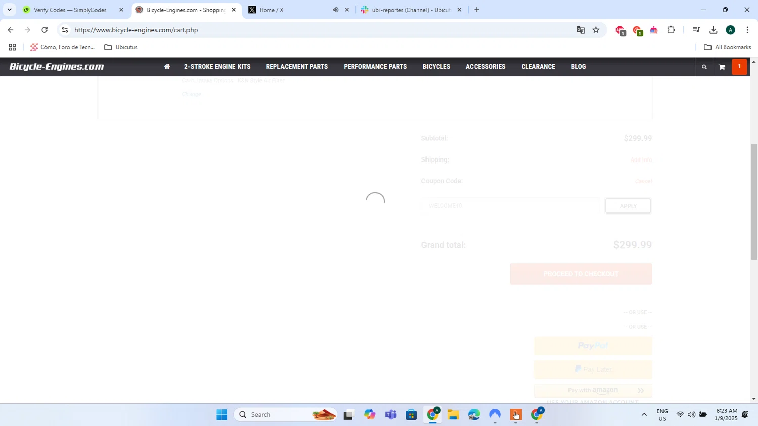 Bicycle-Engines.com promo code screenshot showing code WELCOME10 applied at Bicycle-Engines.com checkout page. Uploaded by SimplyCodes community member admeneses on Jan 9, 2025
