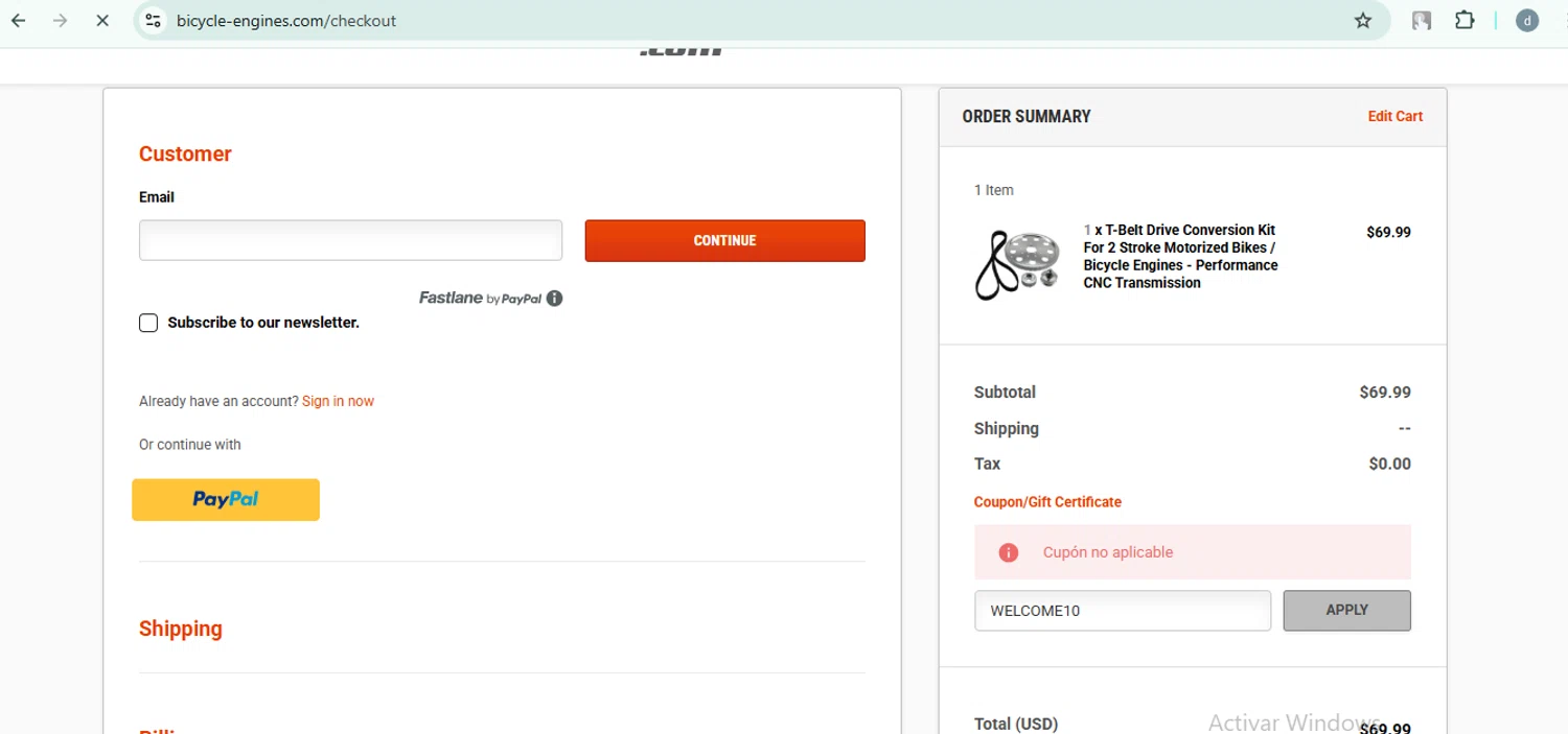 Bicycle-Engines.com promo code screenshot showing code WELCOME10 applied at Bicycle-Engines.com checkout page. Uploaded by SimplyCodes community member DiscountSentinel4830 on Jan 9, 2025