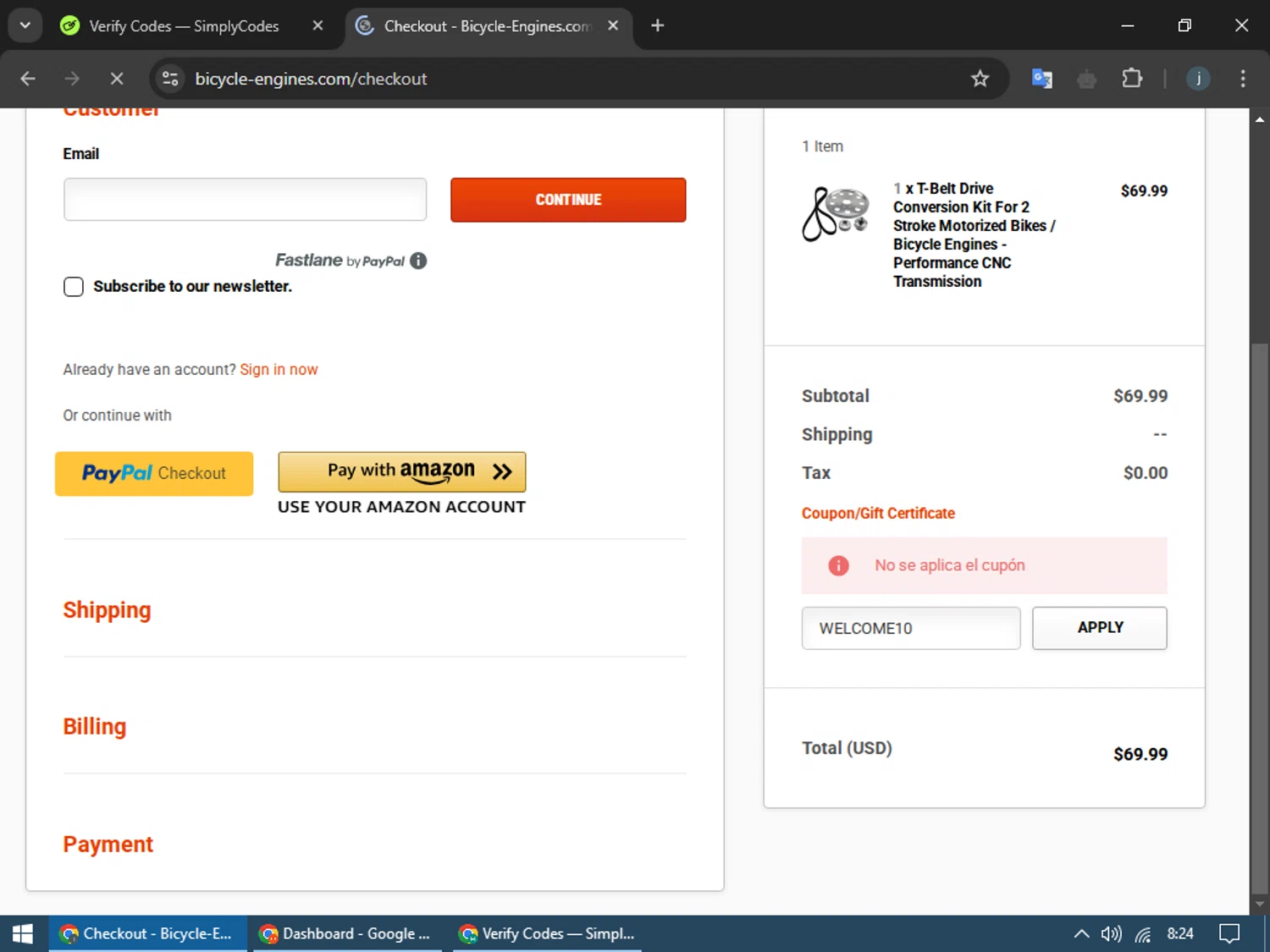 Bicycle-Engines.com promo code screenshot showing code WELCOME10 applied at Bicycle-Engines.com checkout page. Uploaded by SimplyCodes community member FrugalElite6366 on Jan 9, 2025