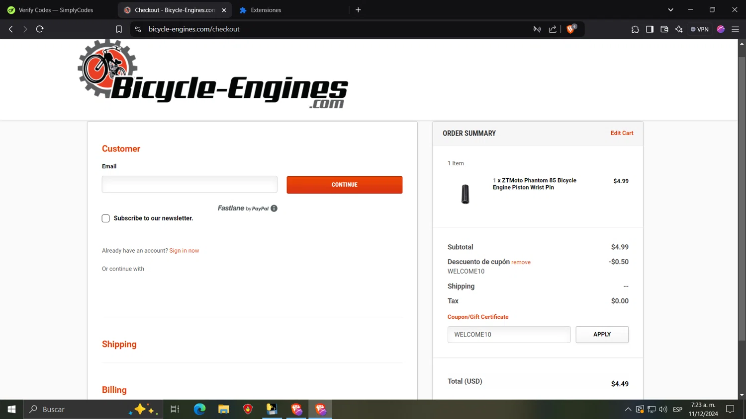 Bicycle-Engines.com checkout page showing Bicycle-Engines.com promo code box | Screenshot taken by SimplyCodes community member on Dec 11, 2024