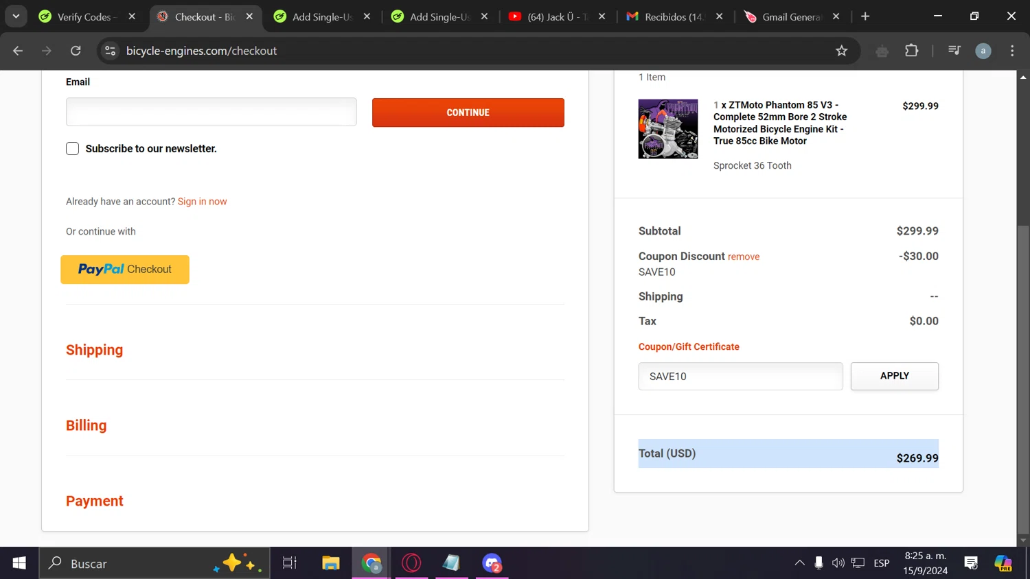 Bicycle-Engines.com checkout page showing Bicycle-Engines.com promo code box | Screenshot taken by SimplyCodes community member on Sep 15, 2024