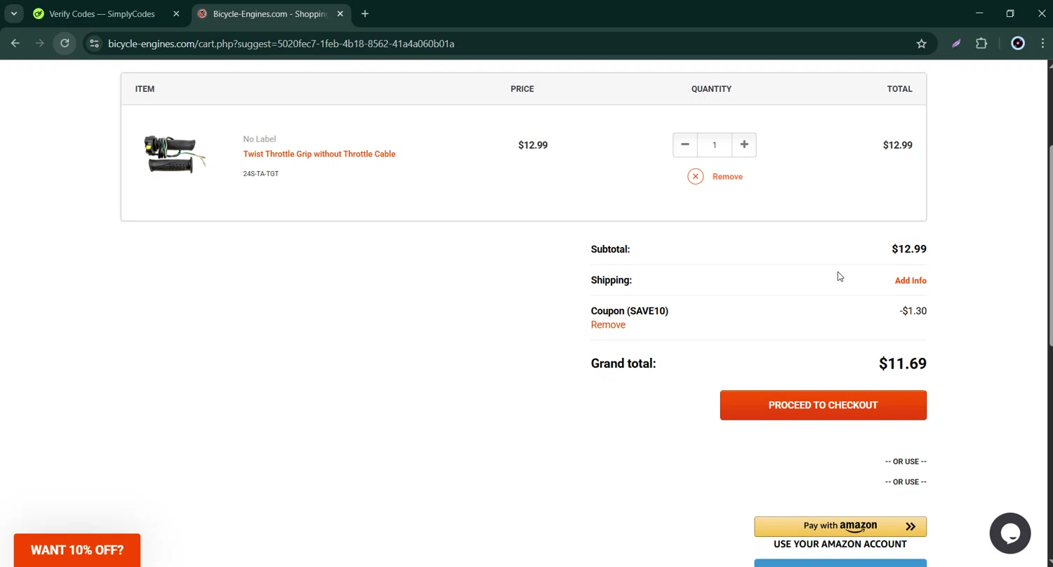 Bicycle-Engines.com promo code screenshot showing code SAVE10 applied at Bicycle-Engines.com checkout page. Uploaded by SimplyCodes community member Bernard_Lowe on May 5, 2025