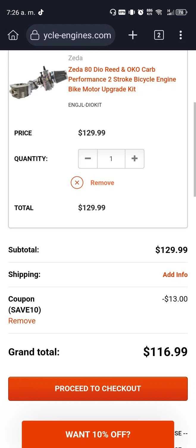 Bicycle-Engines.com checkout page showing Bicycle-Engines.com promo code box | Screenshot taken by SimplyCodes community member on Mar 8, 2025