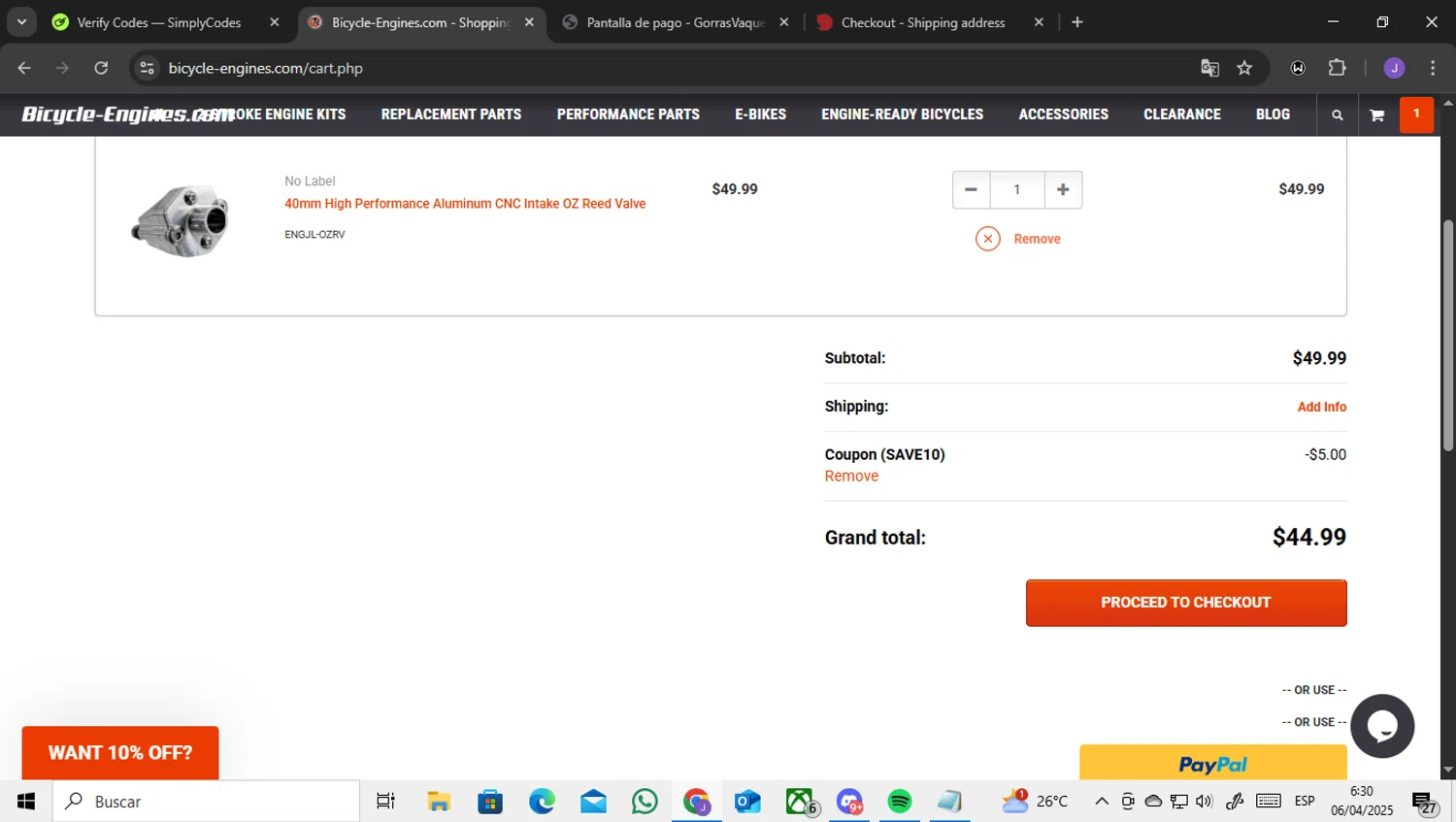 Bicycle-Engines.com promo code screenshot showing code SAVE10 applied at Bicycle-Engines.com checkout page. Uploaded by SimplyCodes community member ENCARAMESSI on Apr 6, 2025
