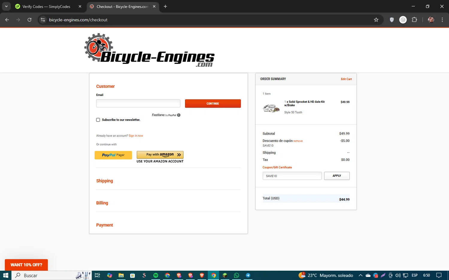 Bicycle-Engines.com checkout page showing Bicycle-Engines.com promo code box | Screenshot taken by SimplyCodes community member on Feb 7, 2025