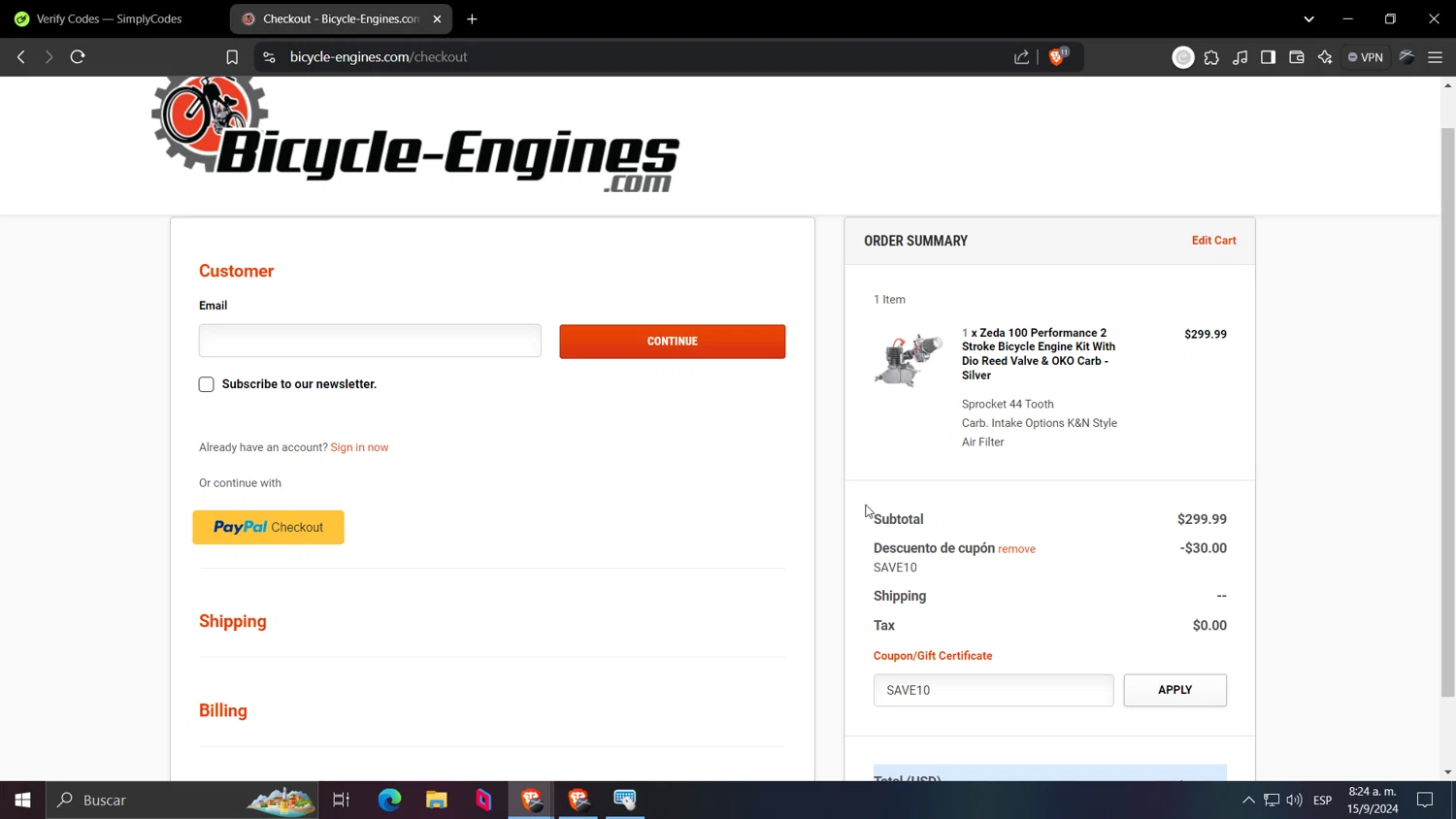 Bicycle-Engines.com checkout page showing Bicycle-Engines.com promo code box | Screenshot taken by SimplyCodes community member on Sep 15, 2024