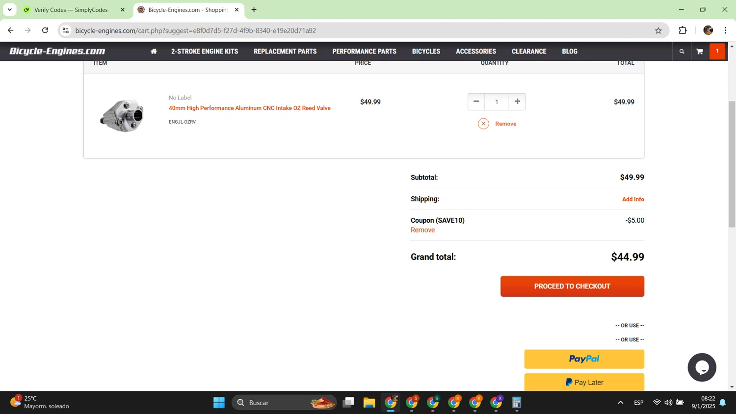Bicycle-Engines.com checkout page showing Bicycle-Engines.com promo code box | Screenshot taken by SimplyCodes community member on Jan 9, 2025