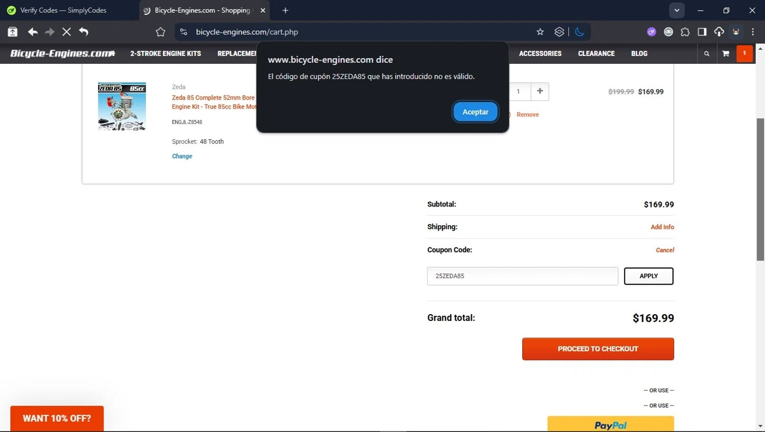 Bicycle-Engines.com promo code screenshot showing code 25ZEDA85 applied at Bicycle-Engines.com checkout page. Uploaded by SimplyCodes community member BrilliantTitan6909 on Sep 2, 2025