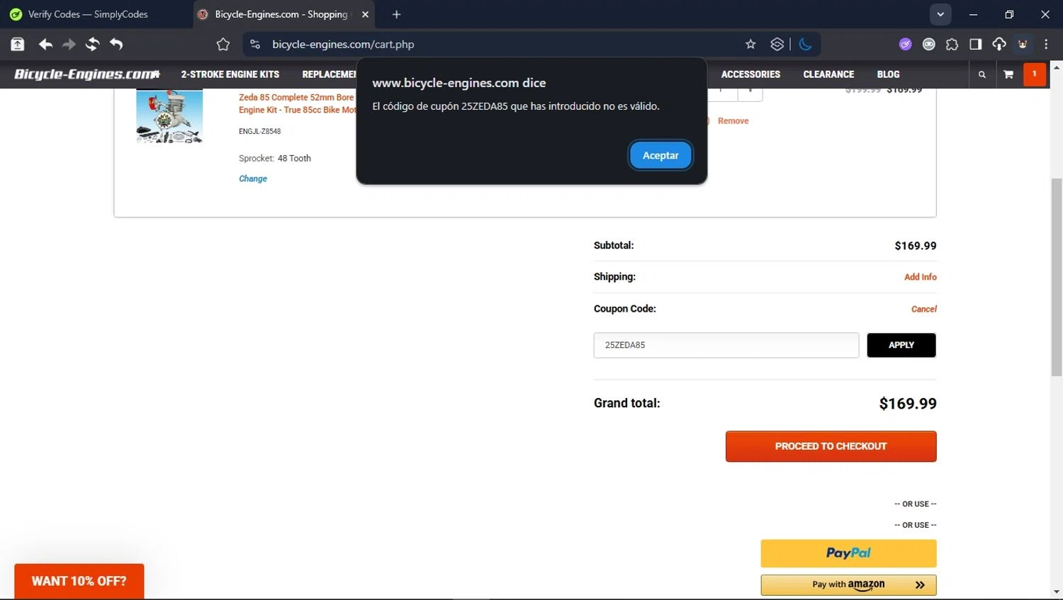 Bicycle-Engines.com promo code screenshot showing code 25ZEDA85 applied at Bicycle-Engines.com checkout page. Uploaded by SimplyCodes community member User_Randon1 on Sep 2, 2025