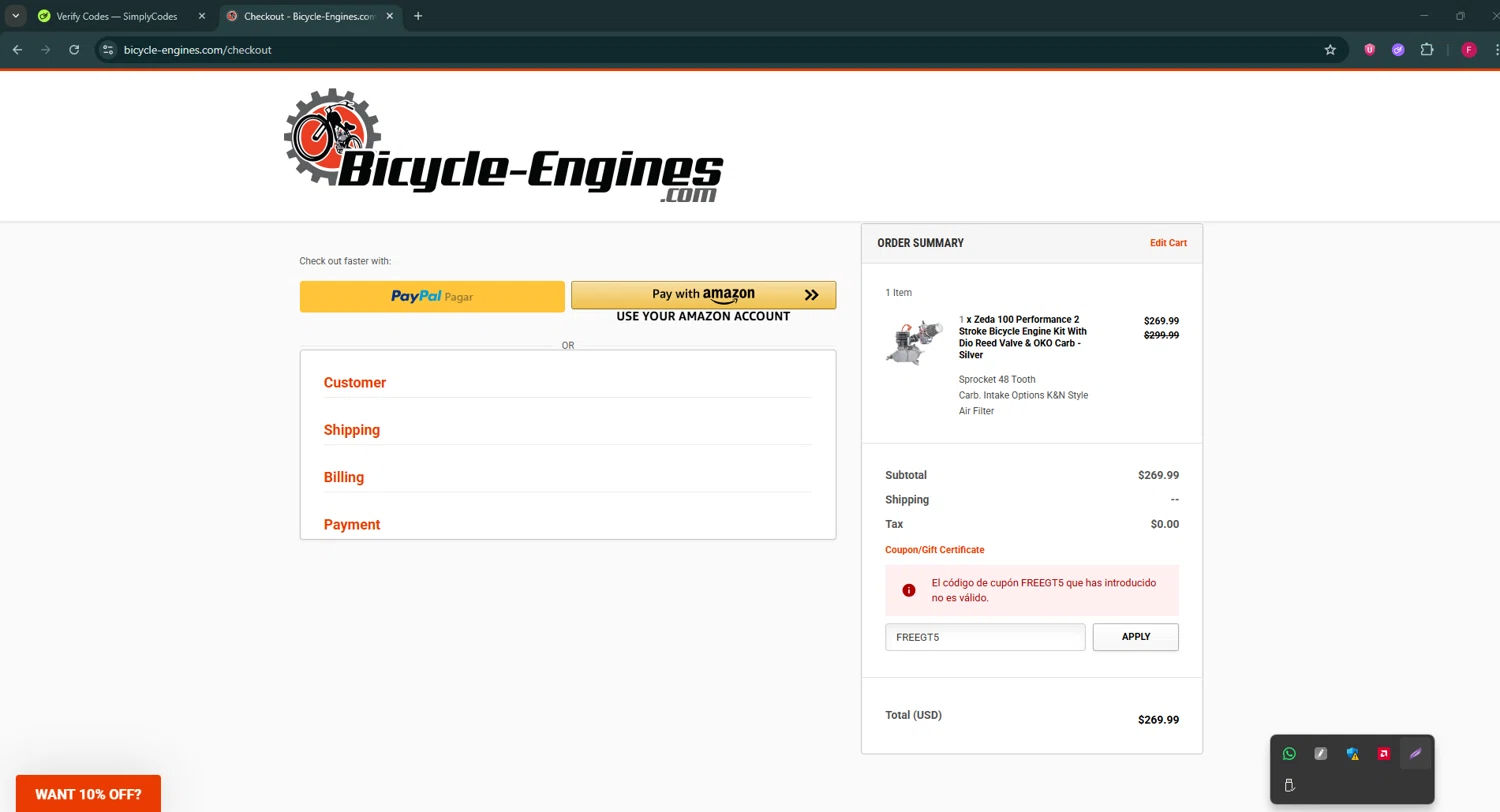Bicycle-Engines.com promo code screenshot showing code FREEGT5 applied at Bicycle-Engines.com checkout page. Uploaded by SimplyCodes community member ExtraordinaryVirtuoso281 on Nov 29, 2025