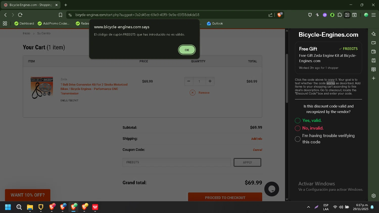 Bicycle-Engines.com promo code screenshot showing code FREEGT5 applied at Bicycle-Engines.com checkout page. Uploaded by SimplyCodes community member PennyMonarch4540 on Nov 29, 2025