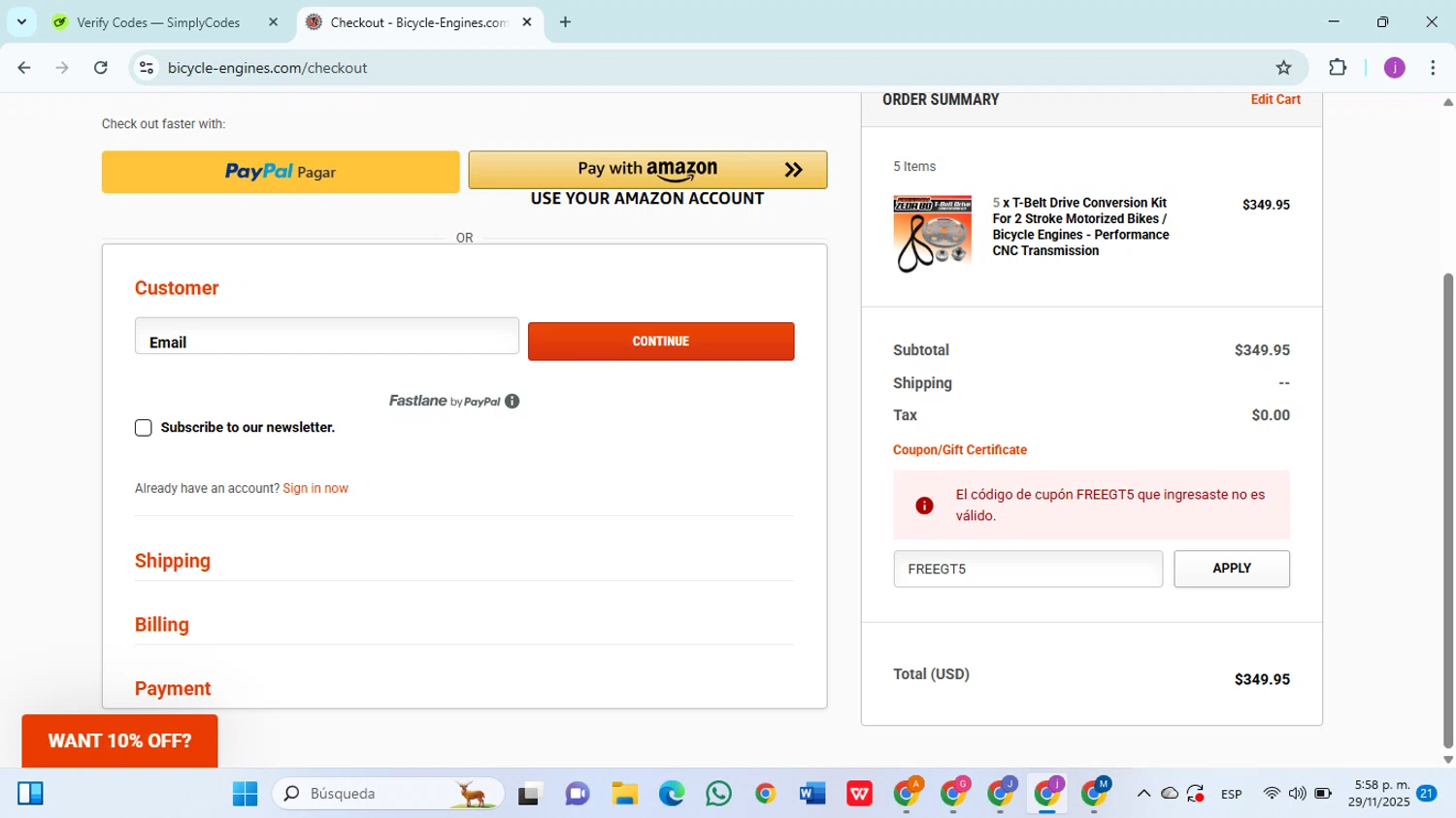Bicycle-Engines.com promo code screenshot showing code FREEGT5 applied at Bicycle-Engines.com checkout page. Uploaded by SimplyCodes community member christophersierra on Nov 29, 2025