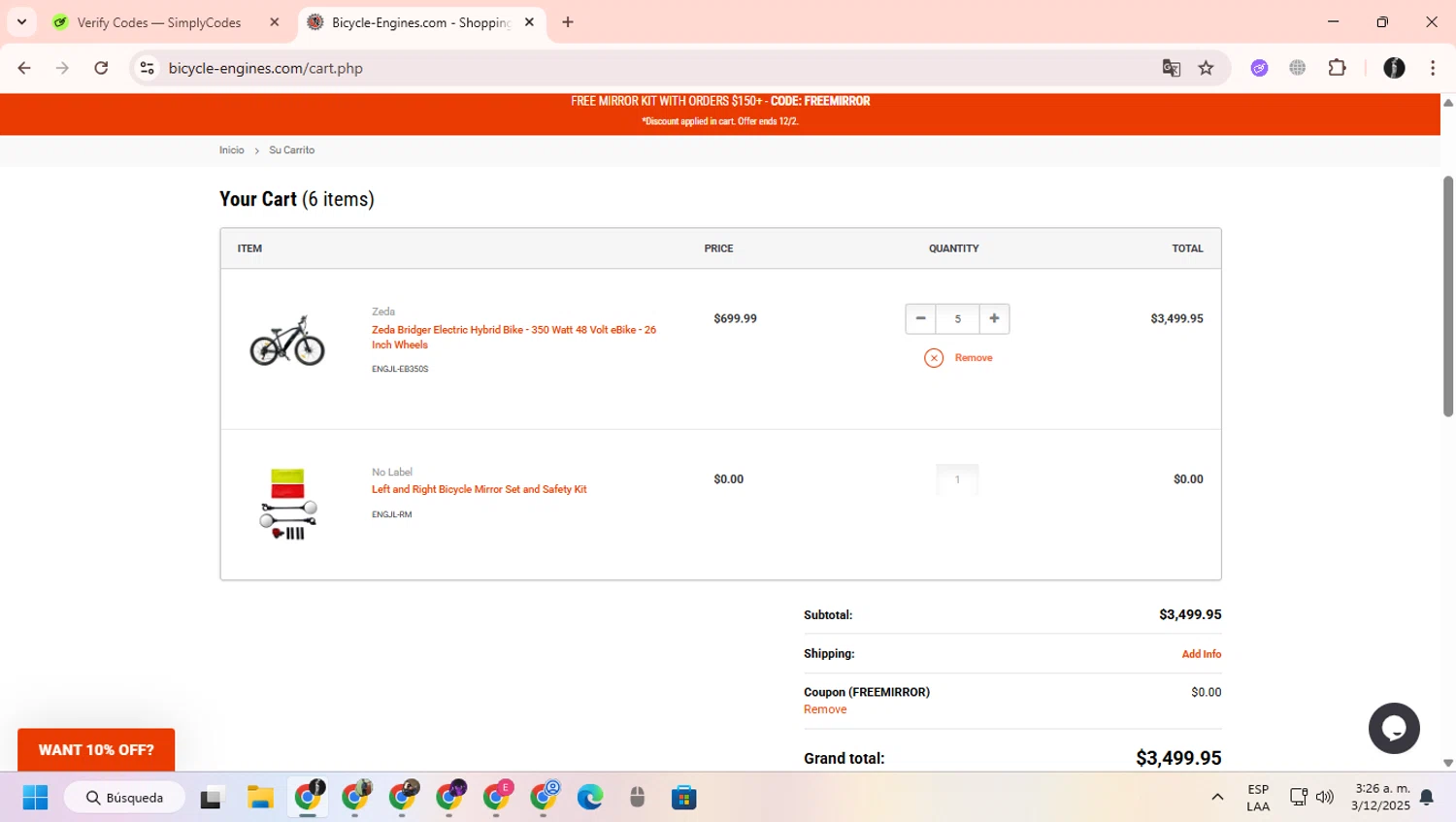 Bicycle-Engines.com promo code screenshot showing code FREEMIRROR applied at Bicycle-Engines.com checkout page. Uploaded by SimplyCodes community member ChinoYugiXD on Dec 3, 2025