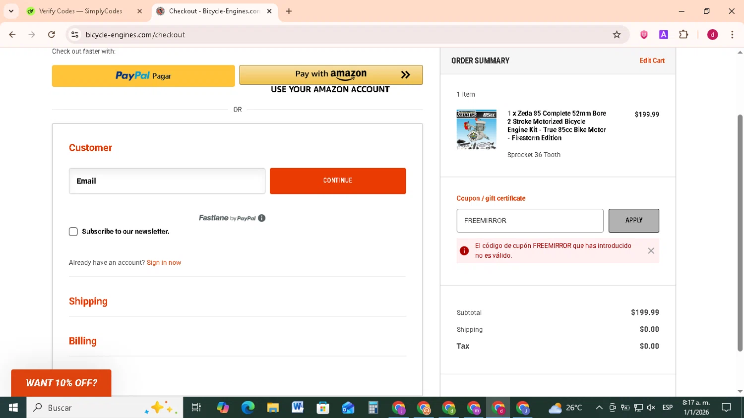 Bicycle-Engines.com promo code screenshot showing code FREEMIRROR applied at Bicycle-Engines.com checkout page. Uploaded by SimplyCodes community member FrugalMonarch7277 on Jan 1, 2026