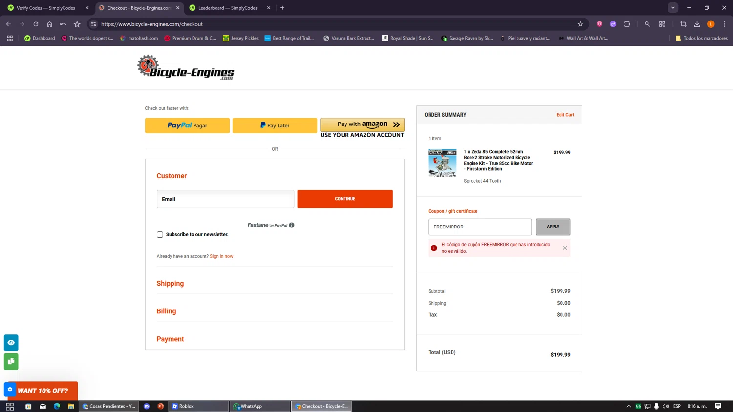 Bicycle-Engines.com promo code screenshot showing code FREEMIRROR applied at Bicycle-Engines.com checkout page. Uploaded by SimplyCodes community member VayneChambeadora on Jan 1, 2026