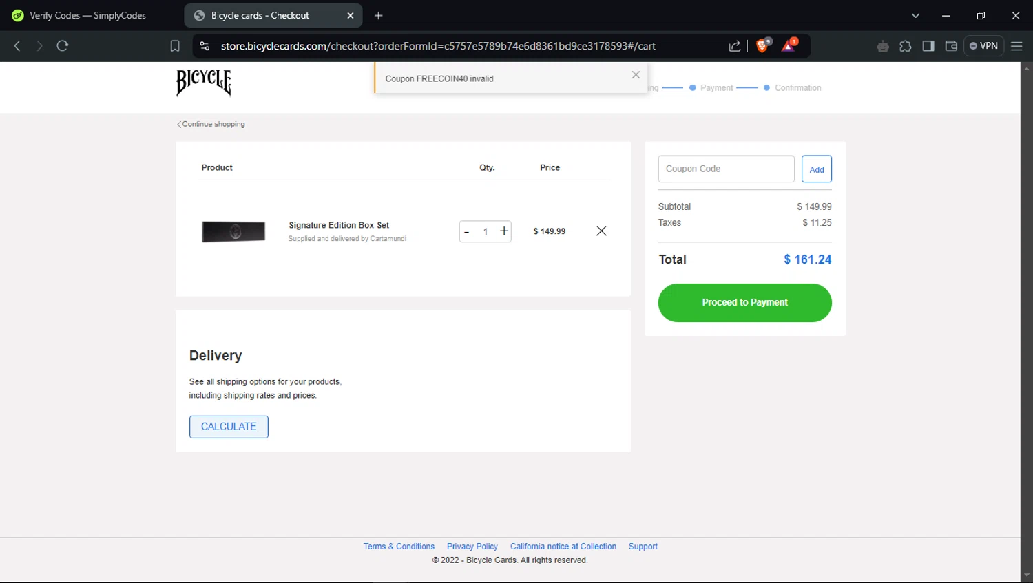 Bicycle Playing Cards coupon code screenshot showing code FREECOIN40 applied at Bicycle Playing Cards checkout page. Uploaded by SimplyCodes community member CashScout2884 on Feb 2, 2025