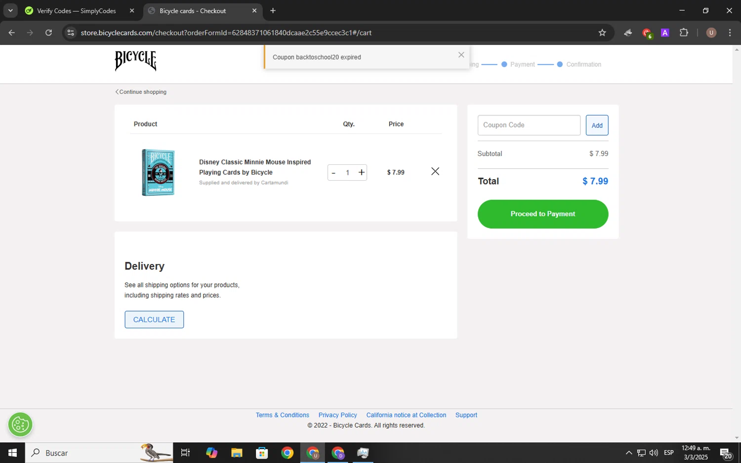 Bicycle Playing Cards coupon code screenshot showing code backtoschool20 applied at Bicycle Playing Cards checkout page. Uploaded by SimplyCodes community member Kelvis_Vargas on Mar 3, 2025