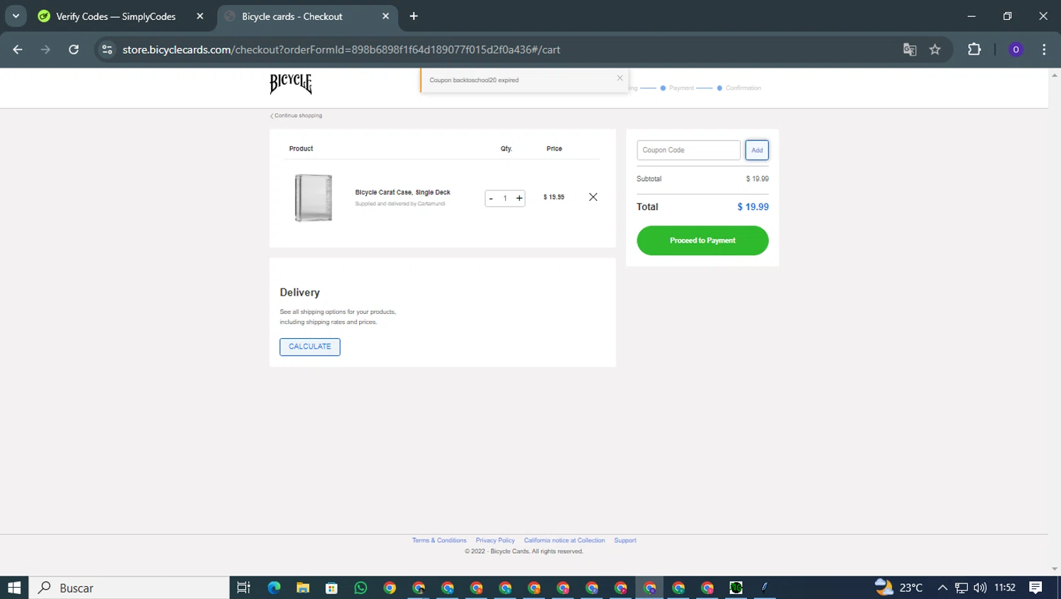 Bicycle Playing Cards coupon code screenshot showing code backtoschool20 applied at Bicycle Playing Cards checkout page. Uploaded by SimplyCodes community member TERESASA on Jan 31, 2025