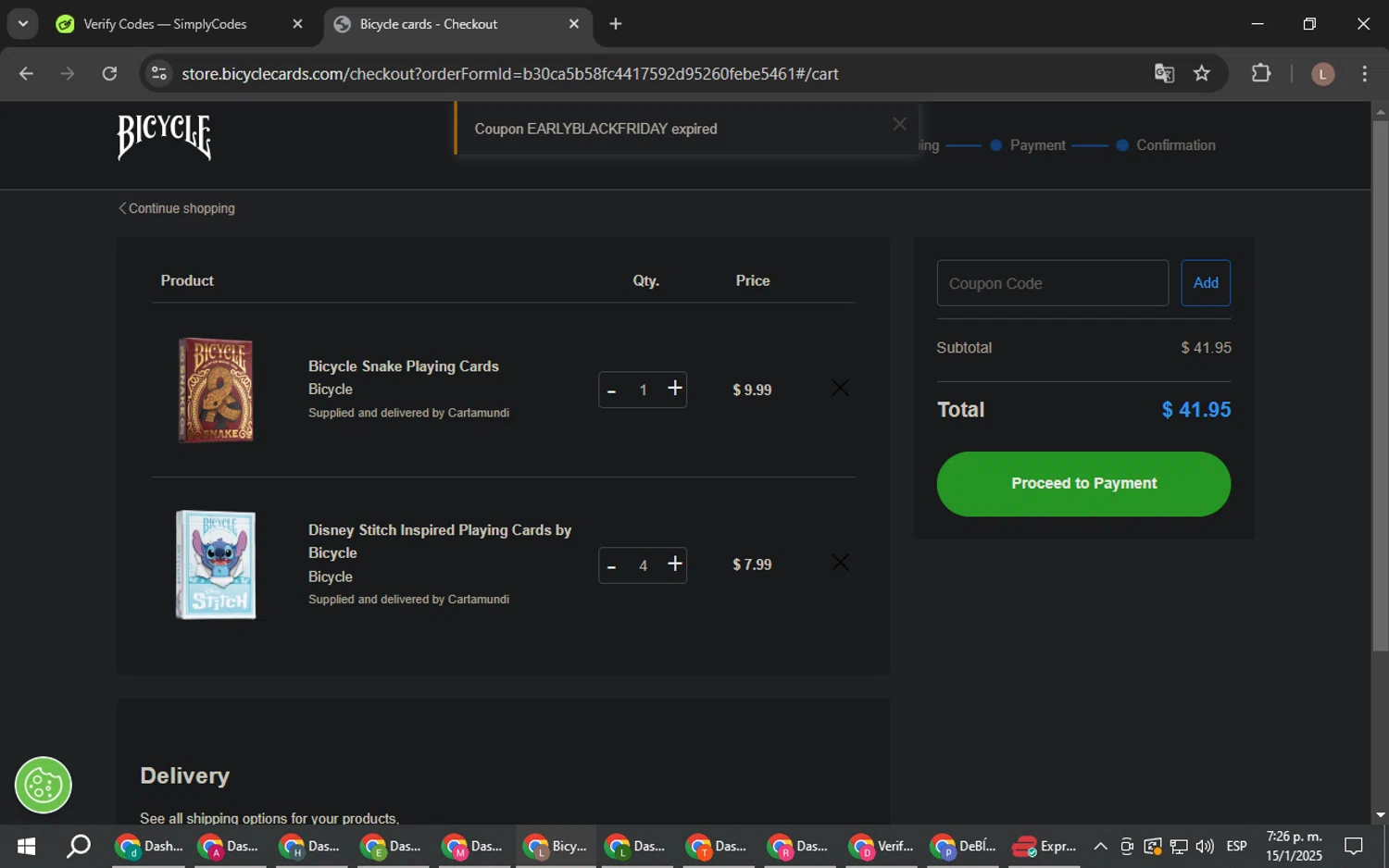 Bicycle Playing Cards coupon code screenshot showing code EARLYBLACKFRIDAY applied at Bicycle Playing Cards checkout page. Uploaded by SimplyCodes community member BENELLI on Jan 15, 2025