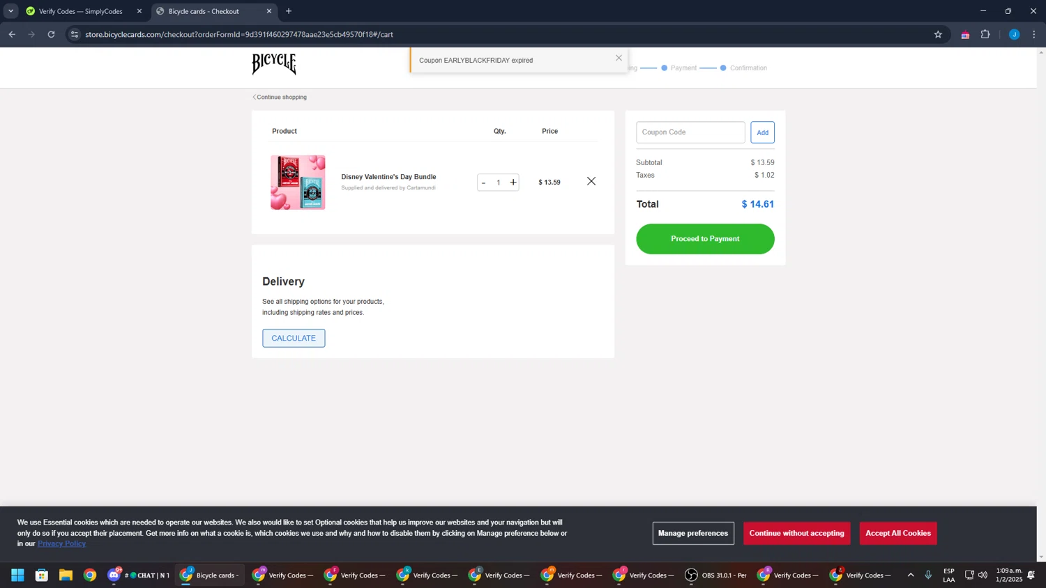 Bicycle Playing Cards coupon code screenshot showing code EARLYBLACKFRIDAY applied at Bicycle Playing Cards checkout page. Uploaded by SimplyCodes community member BargainGuardian280 on Feb 1, 2025