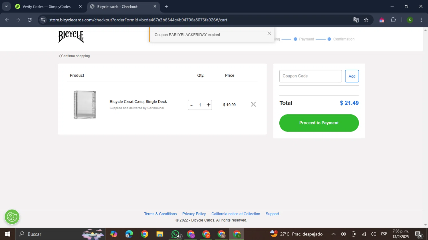 Bicycle Playing Cards coupon code screenshot showing code EARLYBLACKFRIDAY applied at Bicycle Playing Cards checkout page. Uploaded by SimplyCodes community member RewardMaverick445 on Feb 13, 2025