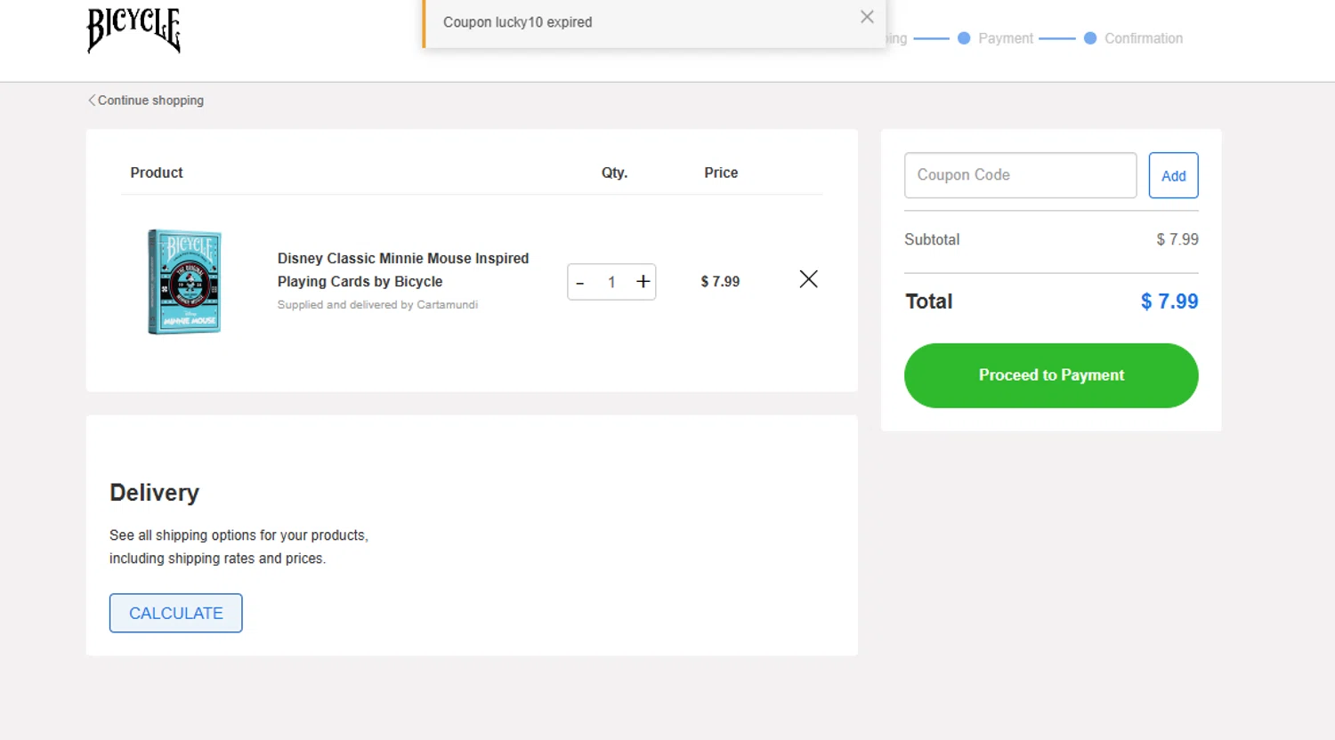 Bicycle Playing Cards coupon code screenshot showing code lucky10 applied at Bicycle Playing Cards checkout page. Uploaded by SimplyCodes community member MoneyScout2554 on Mar 31, 2025