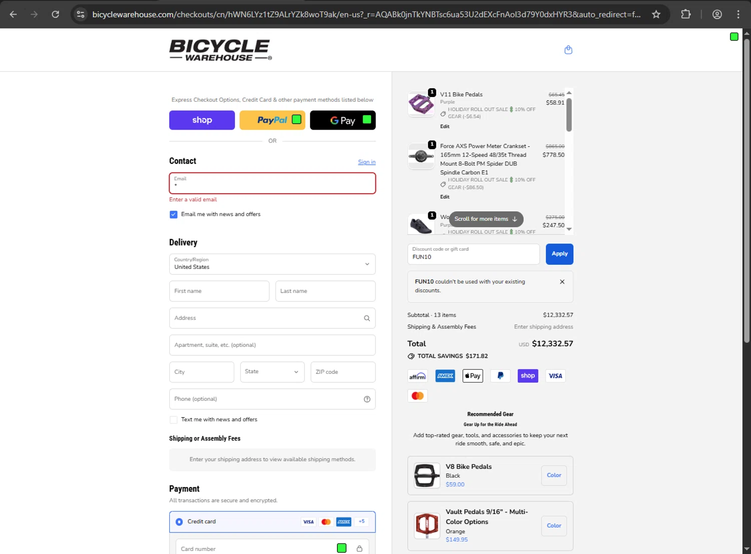 Bicycle Warehouse discount code screenshot showing code FUN10 applied at Bicycle Warehouse checkout page. Uploaded by SimplyCodes community member 61664350 on Dec 12, 2025