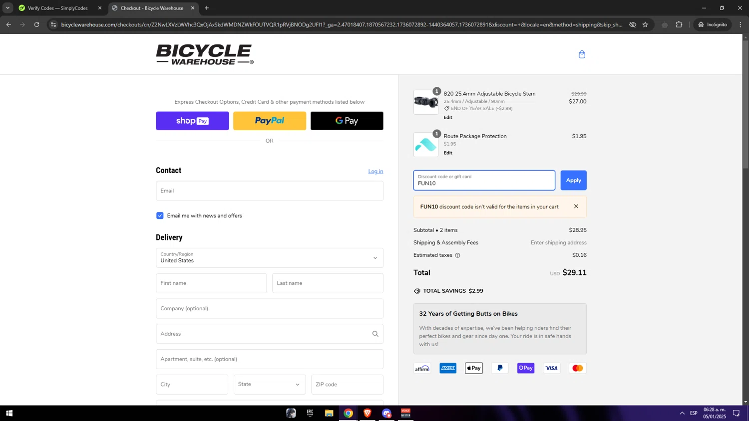 Bicycle Warehouse discount code screenshot showing code FUN10 applied at Bicycle Warehouse checkout page. Uploaded by SimplyCodes community member Vipera on Jan 5, 2025