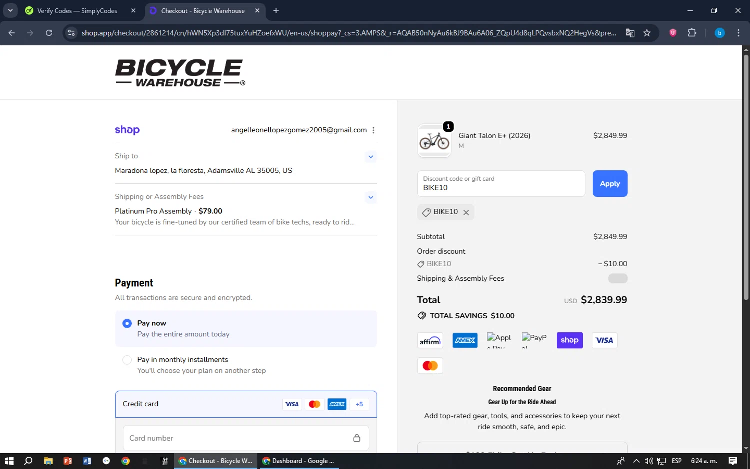 Bicycle Warehouse discount code screenshot showing code BIKE10 applied at Bicycle Warehouse checkout page. Uploaded by SimplyCodes community member bilijr on Nov 21, 2025