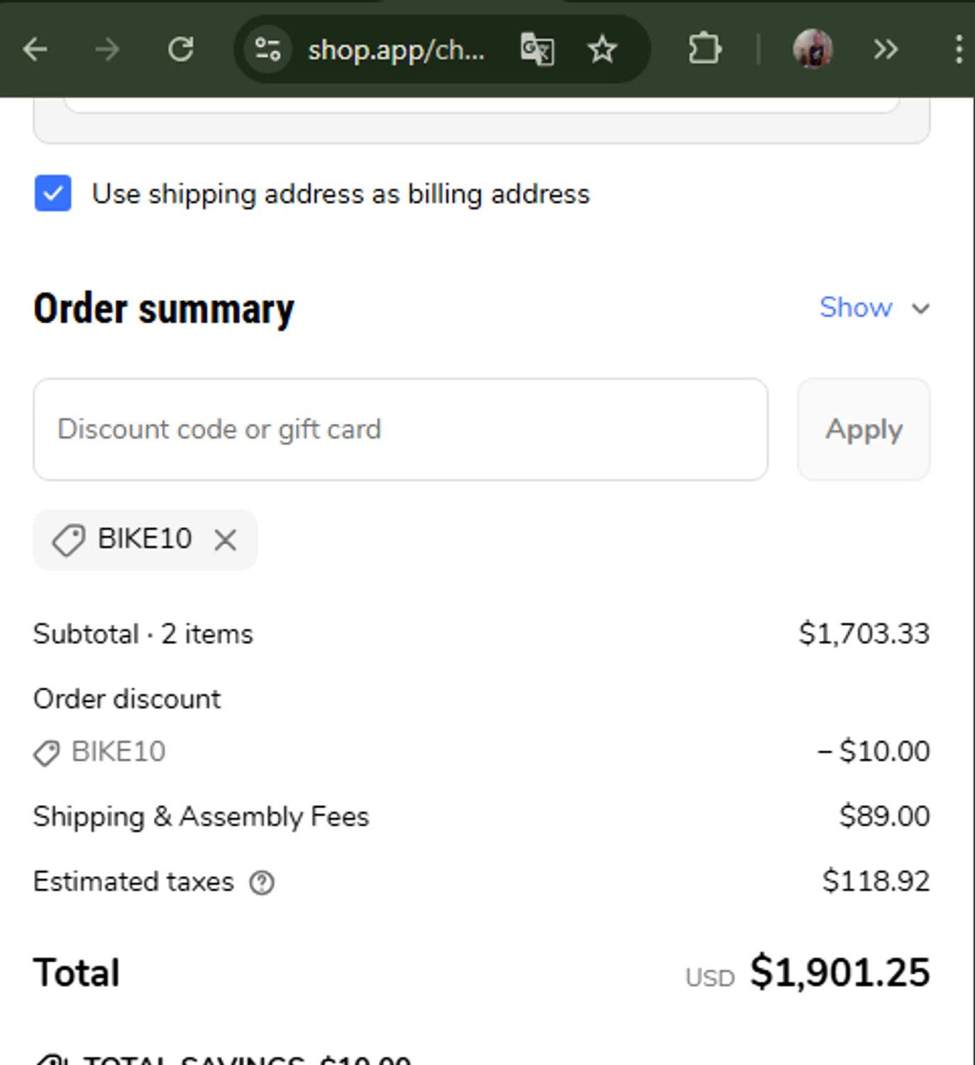 Bicycle Warehouse discount code screenshot showing code BIKE10 applied at Bicycle Warehouse checkout page. Uploaded by SimplyCodes community member CashSaver3941 on Apr 29, 2025