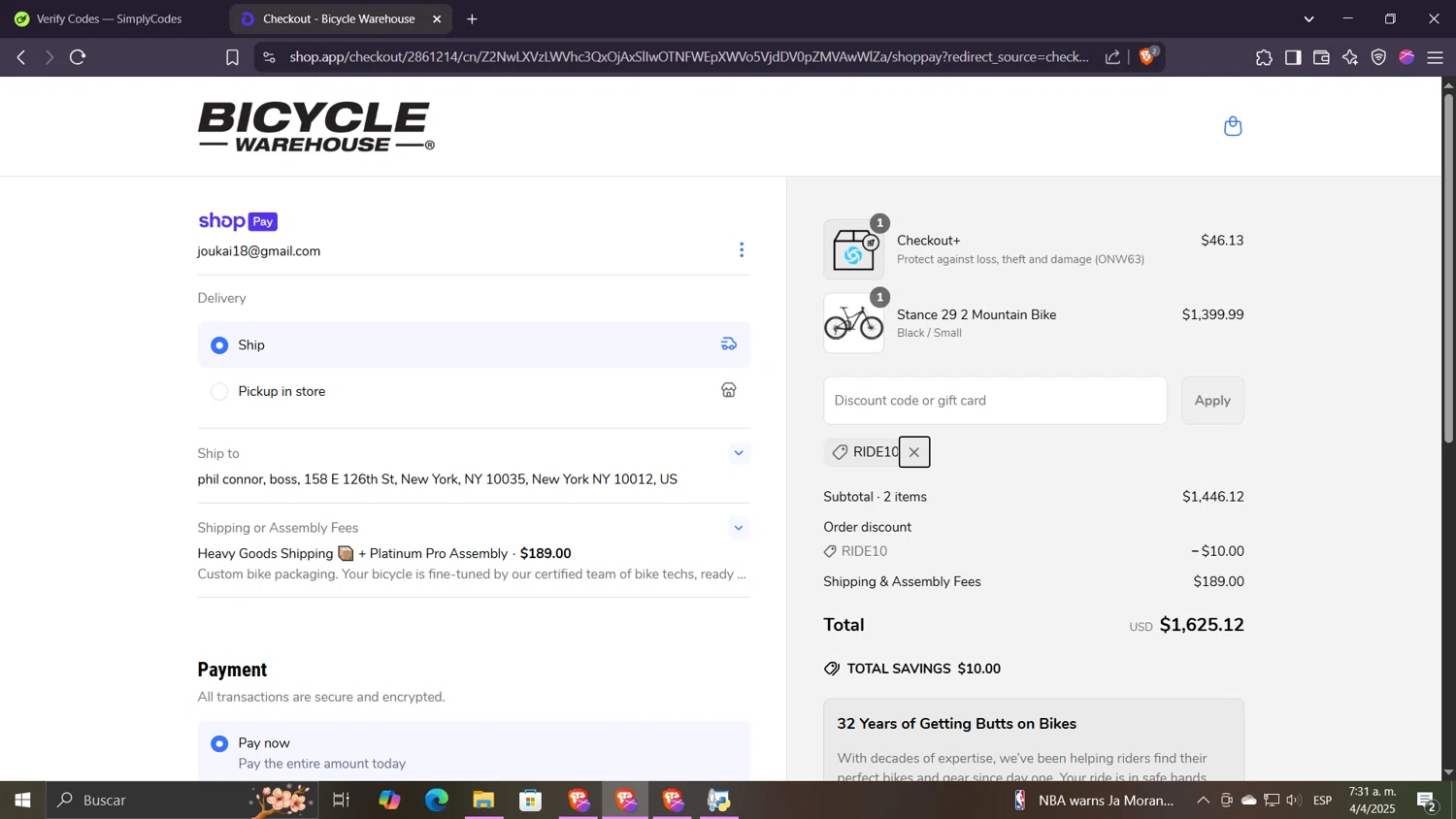 Bicycle Warehouse discount code screenshot showing code RIDE10 applied at Bicycle Warehouse checkout page. Uploaded by SimplyCodes community member Despechao on Apr 4, 2025