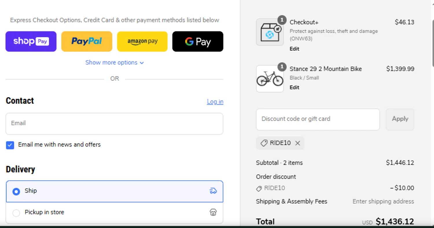 Bicycle Warehouse discount code screenshot showing code RIDE10 applied at Bicycle Warehouse checkout page. Uploaded by SimplyCodes community member OsbelSanchez23 on Apr 4, 2025