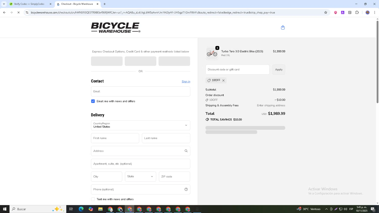 Bicycle Warehouse discount code screenshot showing code 10OFF applied at Bicycle Warehouse checkout page. Uploaded by SimplyCodes community member Papotico on Nov 10, 2025