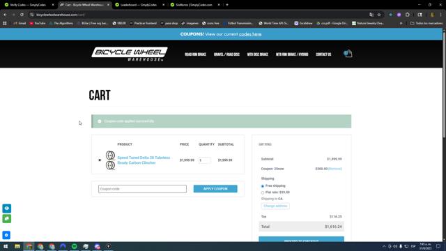 Bicycle Wheel Warehouse checkout page showing Bicycle Wheel Warehouse coupon code box | Screenshot taken by SimplyCodes community member on Aug 31, 2025