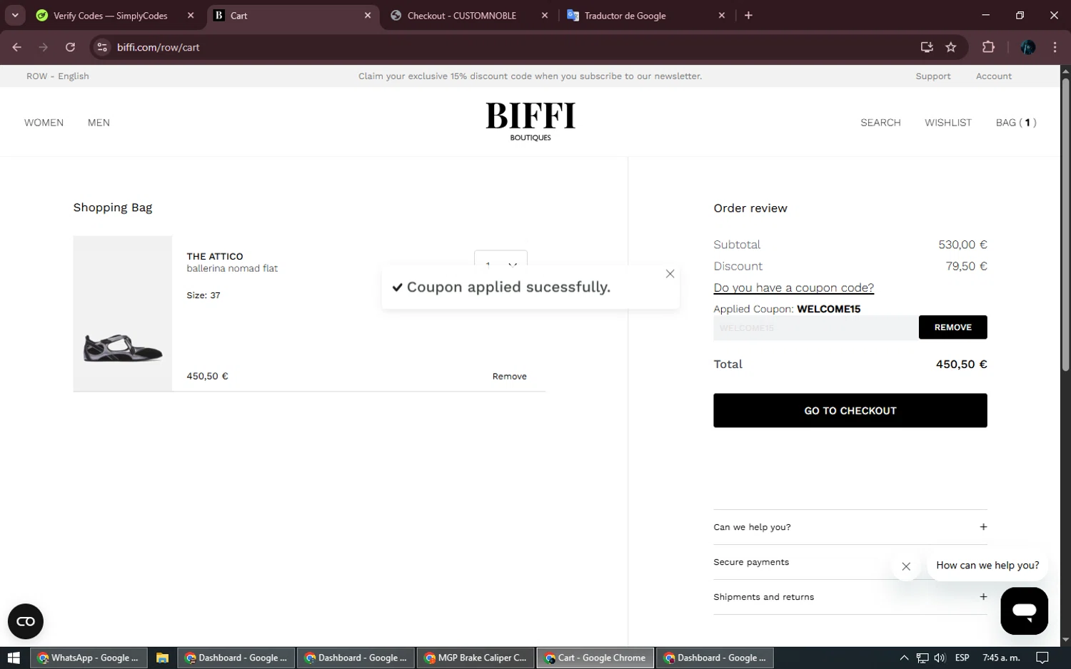 Biffi Boutique promo code screenshot showing code WELCOME15 applied at Biffi Boutique checkout page. Uploaded by SimplyCodes community member Kurokenshi on Apr 30, 2025