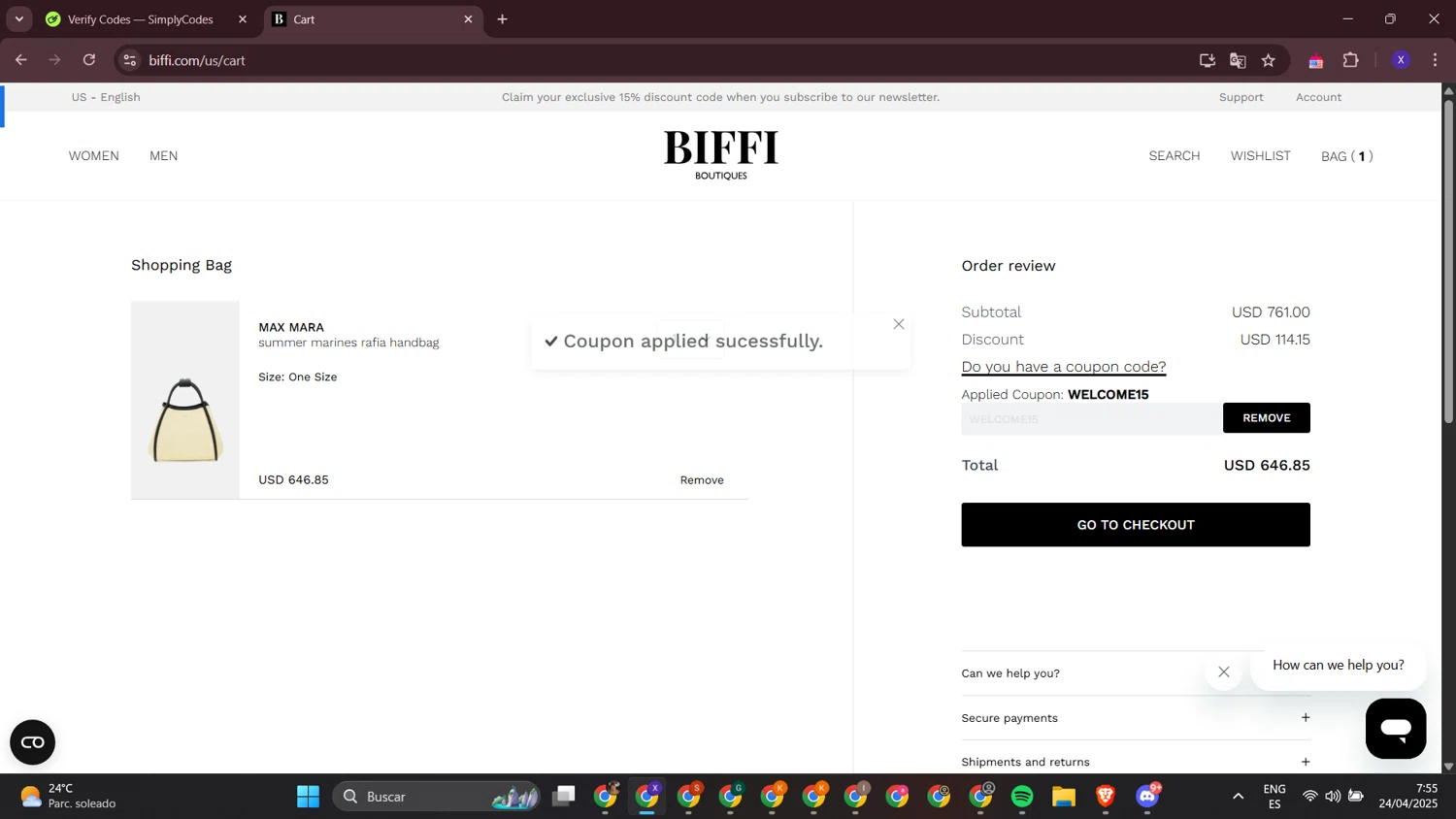 Biffi Boutique promo code screenshot showing code WELCOME15 applied at Biffi Boutique checkout page. Uploaded by SimplyCodes community member LewisHamilton on Apr 24, 2025