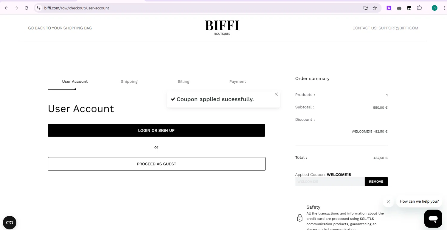 Biffi Boutique promo code screenshot showing code WELCOME15 applied at Biffi Boutique checkout page. Uploaded by SimplyCodes community member Samu10 on May 9, 2025