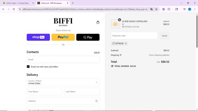 Biffi Boutique checkout page showing Biffi Boutique promo code box | Screenshot taken by SimplyCodes community member on Aug 2, 2025