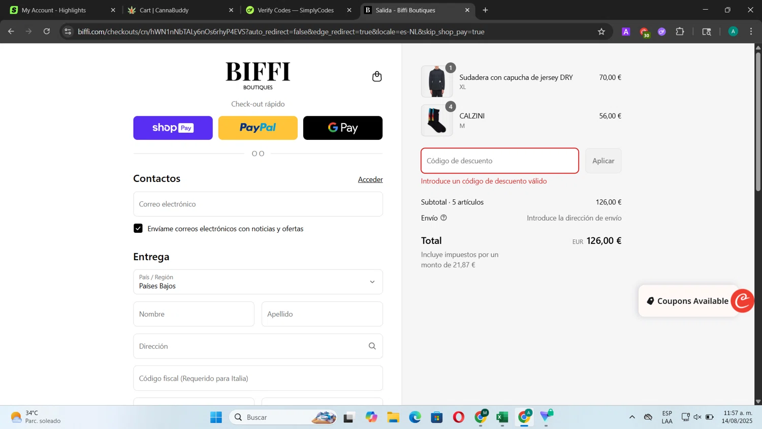 Biffi Boutique promo code screenshot showing code extra20 applied at Biffi Boutique checkout page. Uploaded by SimplyCodes community member CouponSentinel181 on Aug 14, 2025