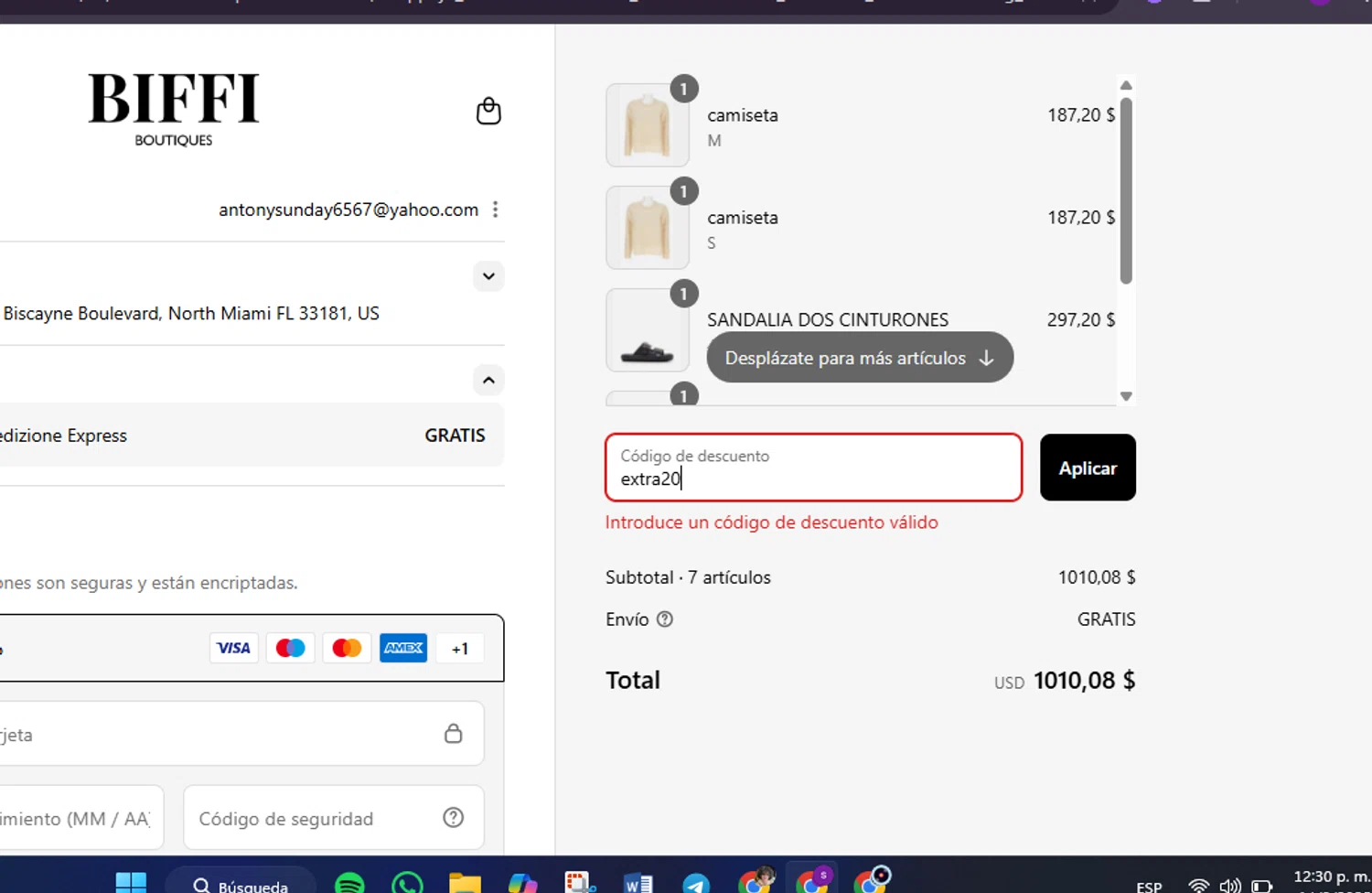 Biffi Boutique promo code screenshot showing code extra20 applied at Biffi Boutique checkout page. Uploaded by SimplyCodes community member Lamadama on Aug 14, 2025