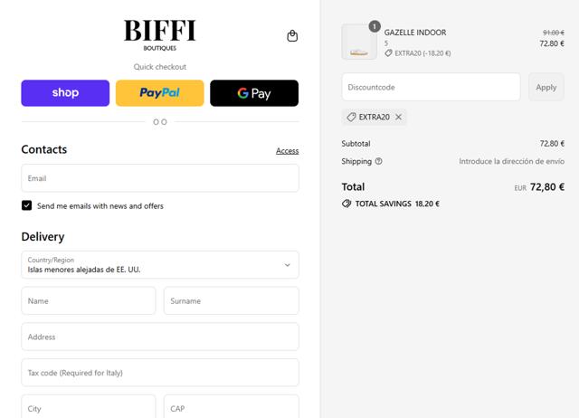 Biffi Boutique checkout page showing Biffi Boutique promo code box | Screenshot taken by SimplyCodes community member on Sep 8, 2025