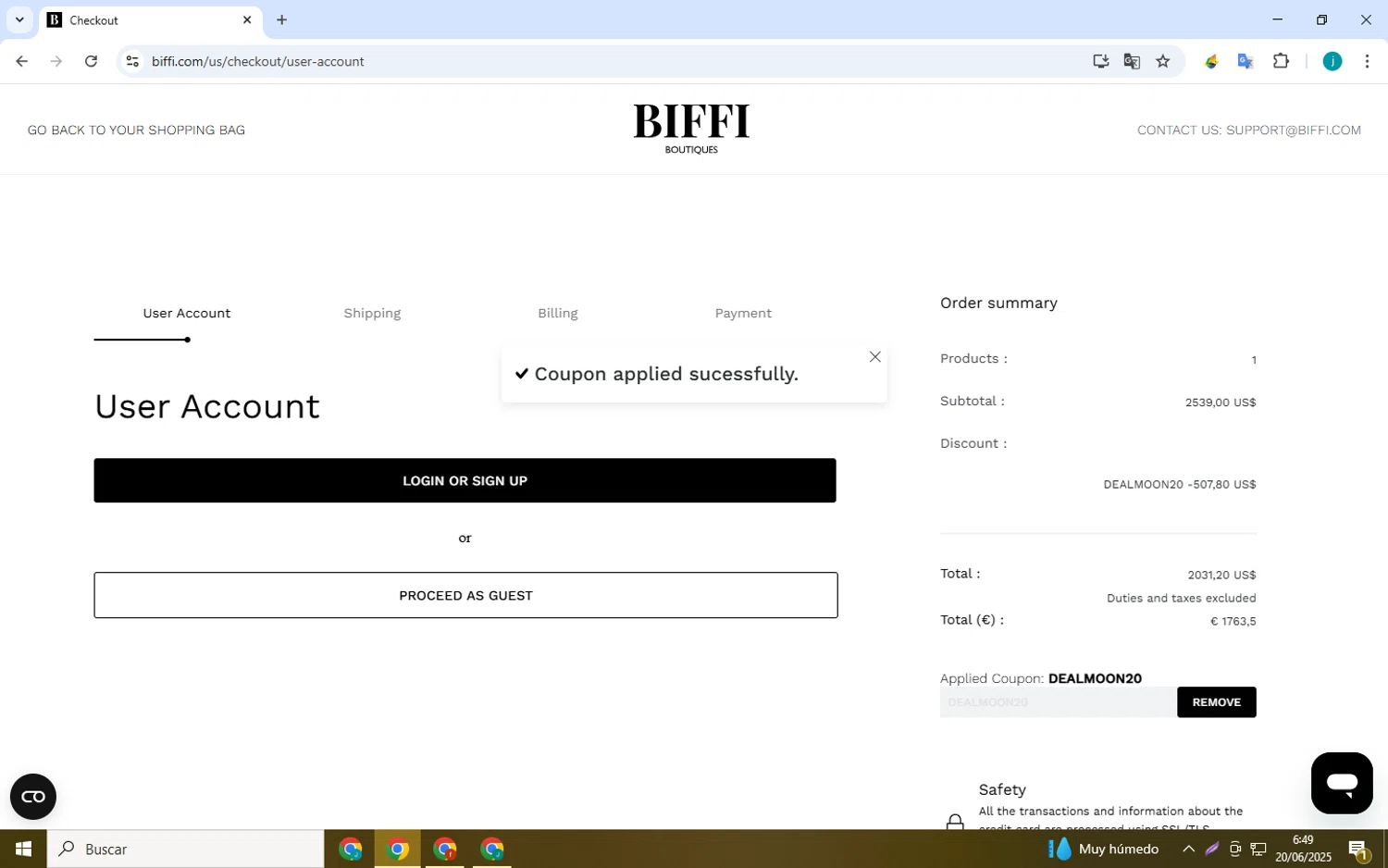 Biffi Boutique promo code screenshot showing code DEALMOON20 applied at Biffi Boutique checkout page. Uploaded by SimplyCodes community member Juan_collug on Jun 20, 2025