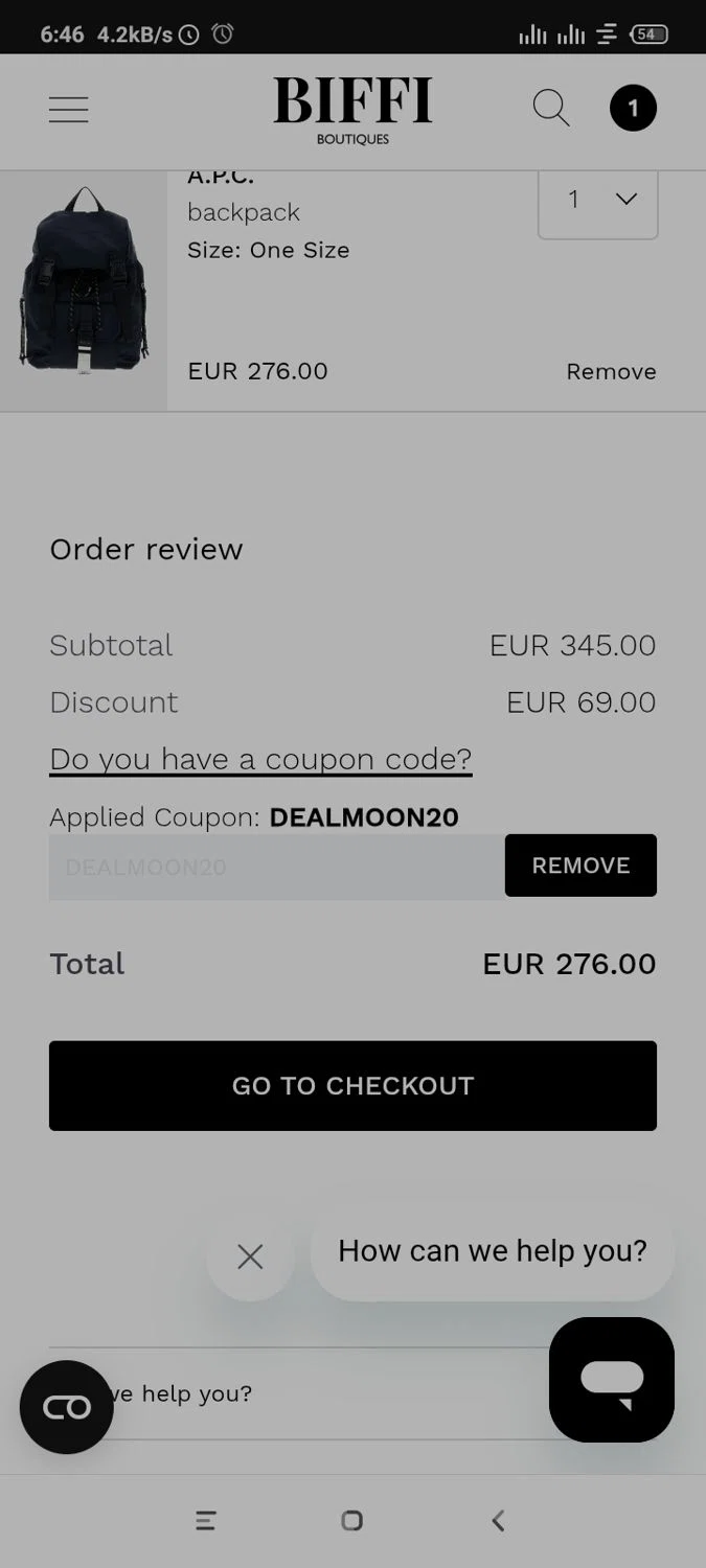 Biffi Boutique promo code screenshot showing code DEALMOON20 applied at Biffi Boutique checkout page. Uploaded by SimplyCodes community member NobleSeeker1711 on Jun 20, 2025