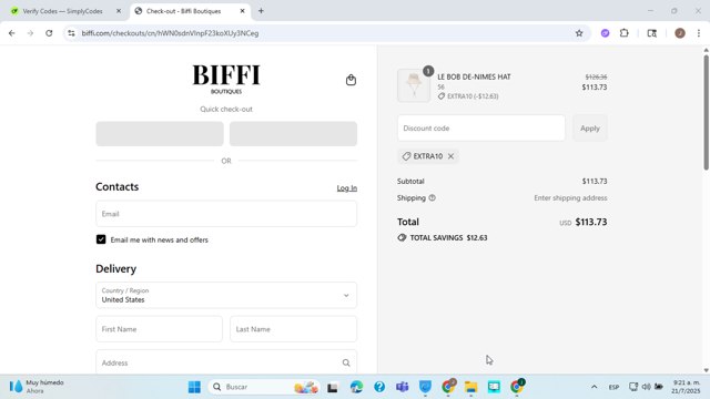 Biffi Boutique checkout page showing Biffi Boutique promo code box | Screenshot taken by SimplyCodes community member on Jul 21, 2025